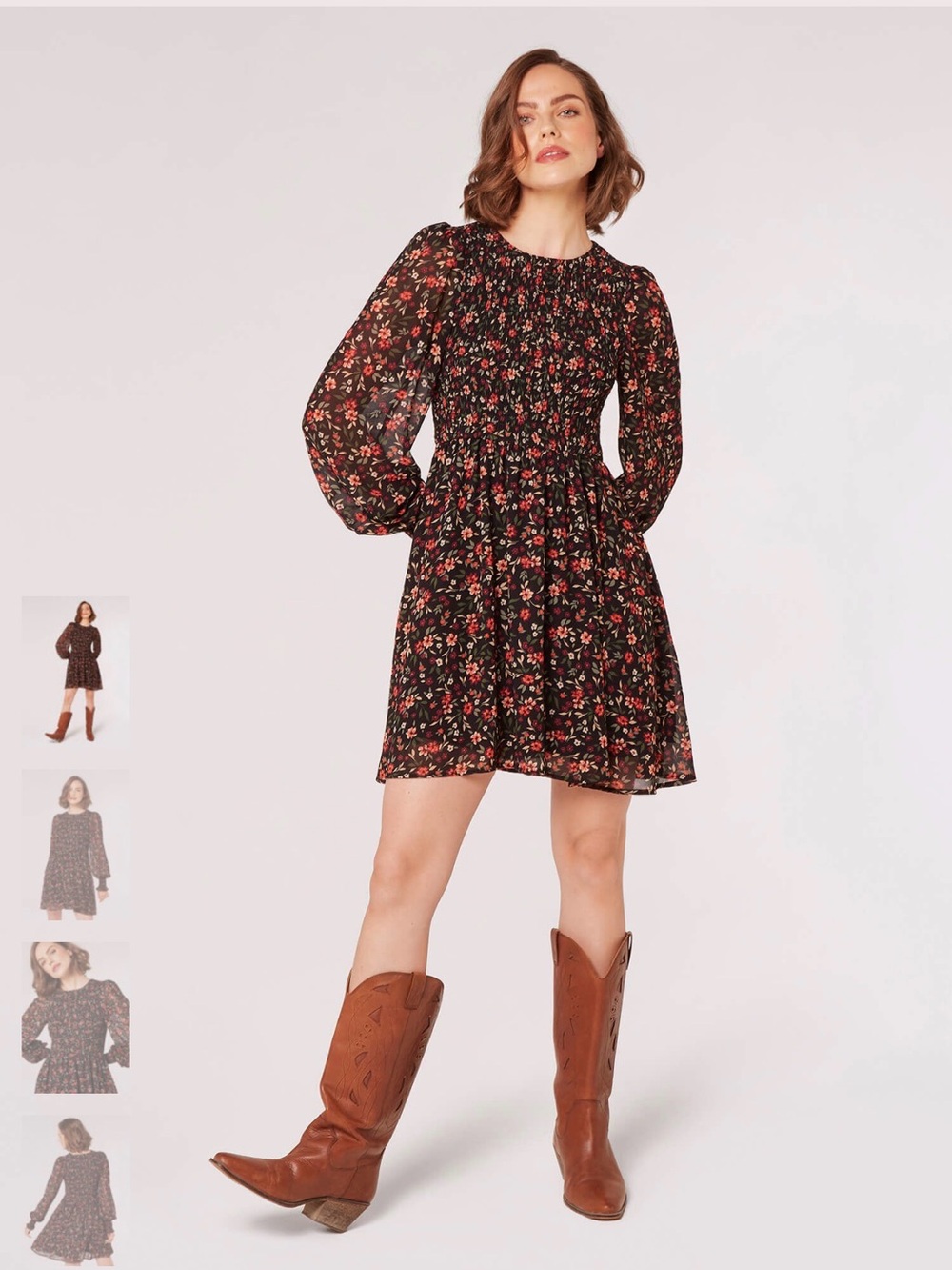Apricot Ditsy Floral Smocked Long-Sleeve Mini Dress - Black with Red Floral